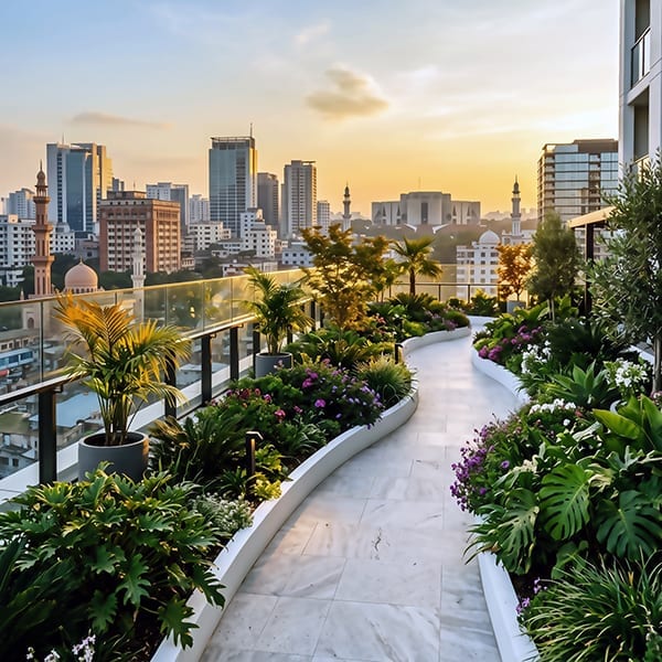 Skyline Rooftop Walkway - High-Rise Penthouse Terrace Sunset Walkway