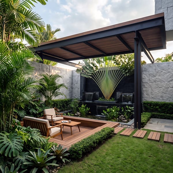 Modern Tropical Courtyard & Water Feature - Villa Courtyard with Waterfall