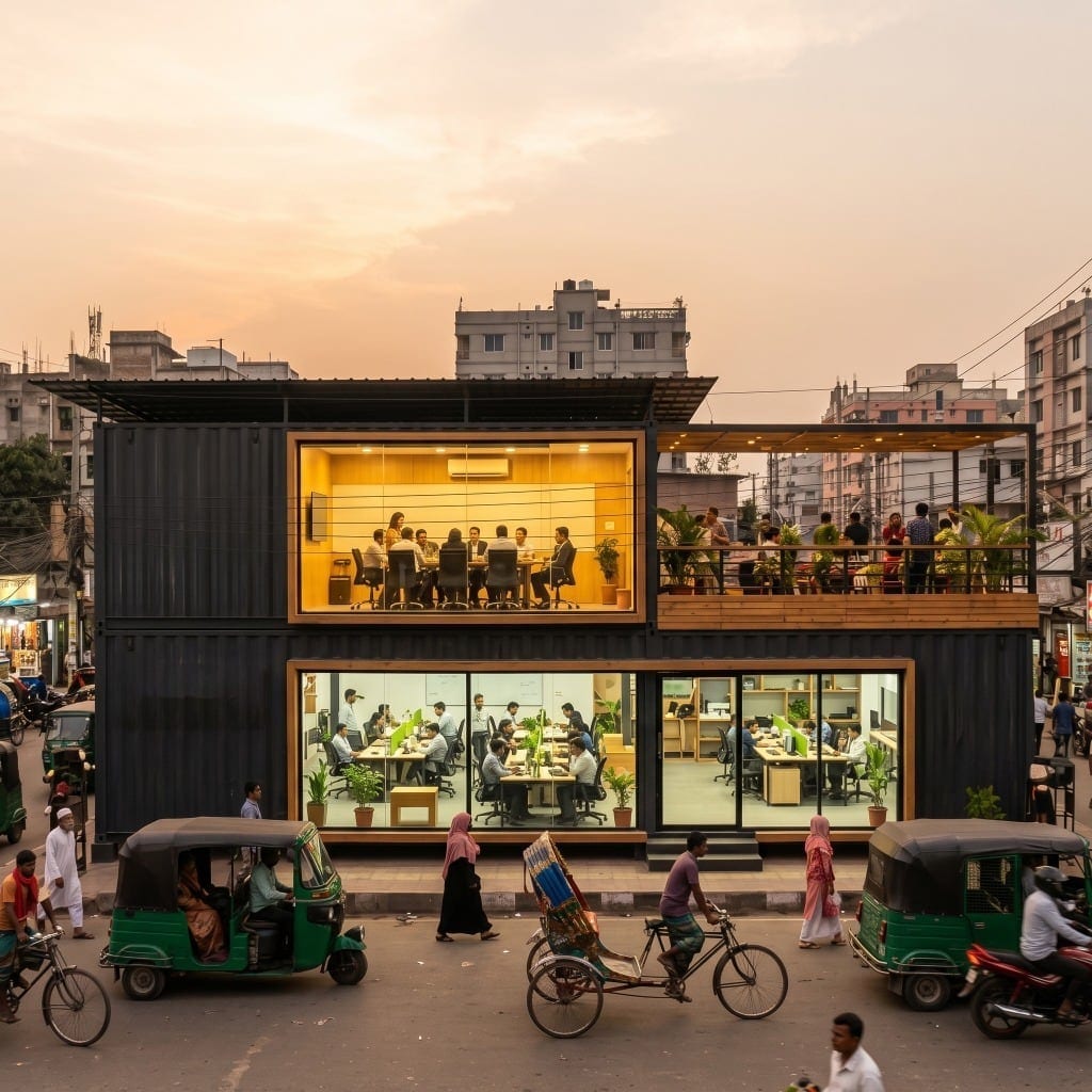 Modular Office Building in Urban Context - Two-Story Container Commercial Center on High-Density Commercial Street, Dhaka